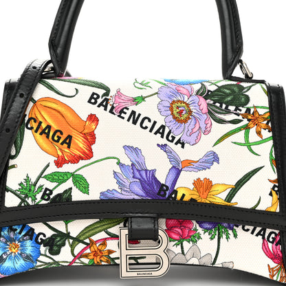 Balenciaga X GUCCI Canvas Boarded Plutone Calfskin Flora Logo Print Small Hourglass Top Handle Bag White Multicolor Black 8 of 10