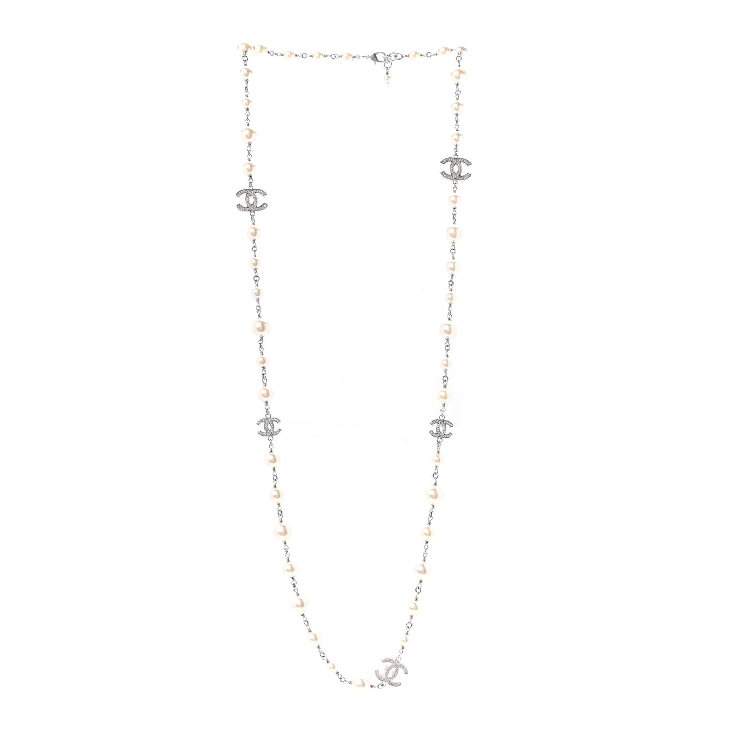 Graduated Pearl Crystal CC Long Necklace Silver