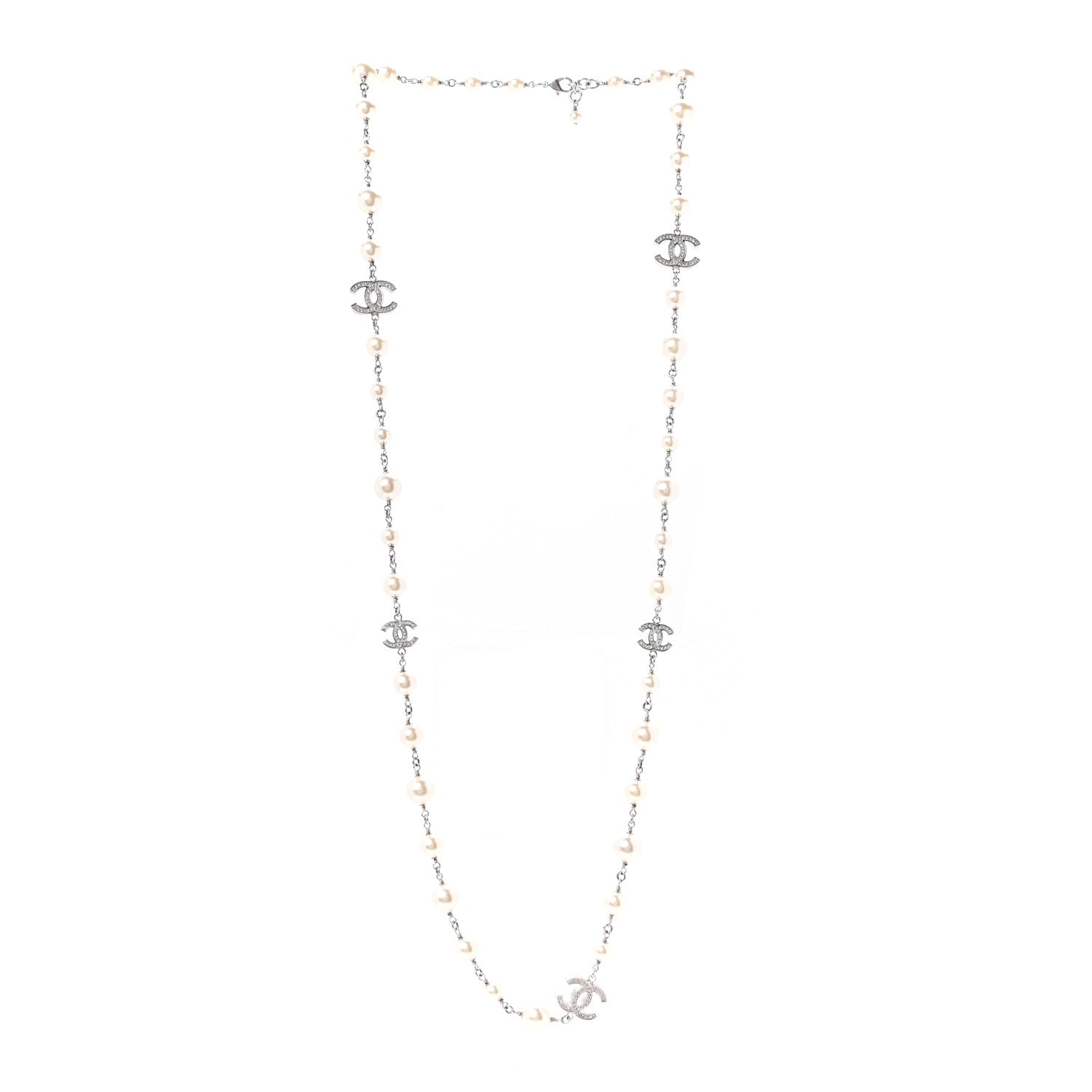 Chanel Graduated Pearl Crystal CC Long Necklace Silver 3 of 4
