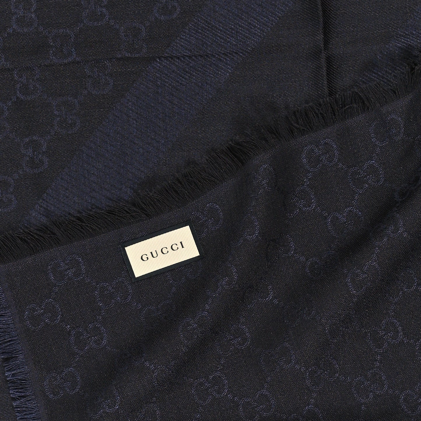 Wool Silk Monogram GGWeb Fringe Shawl Navy Black