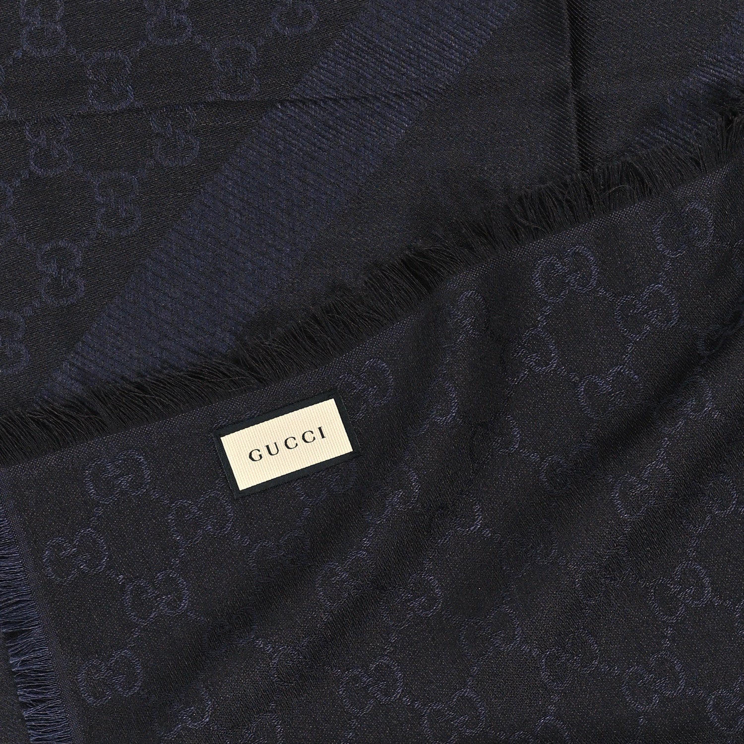Gucci Wool Silk Monogram GGWeb Fringe Shawl Navy Black 2 of 3