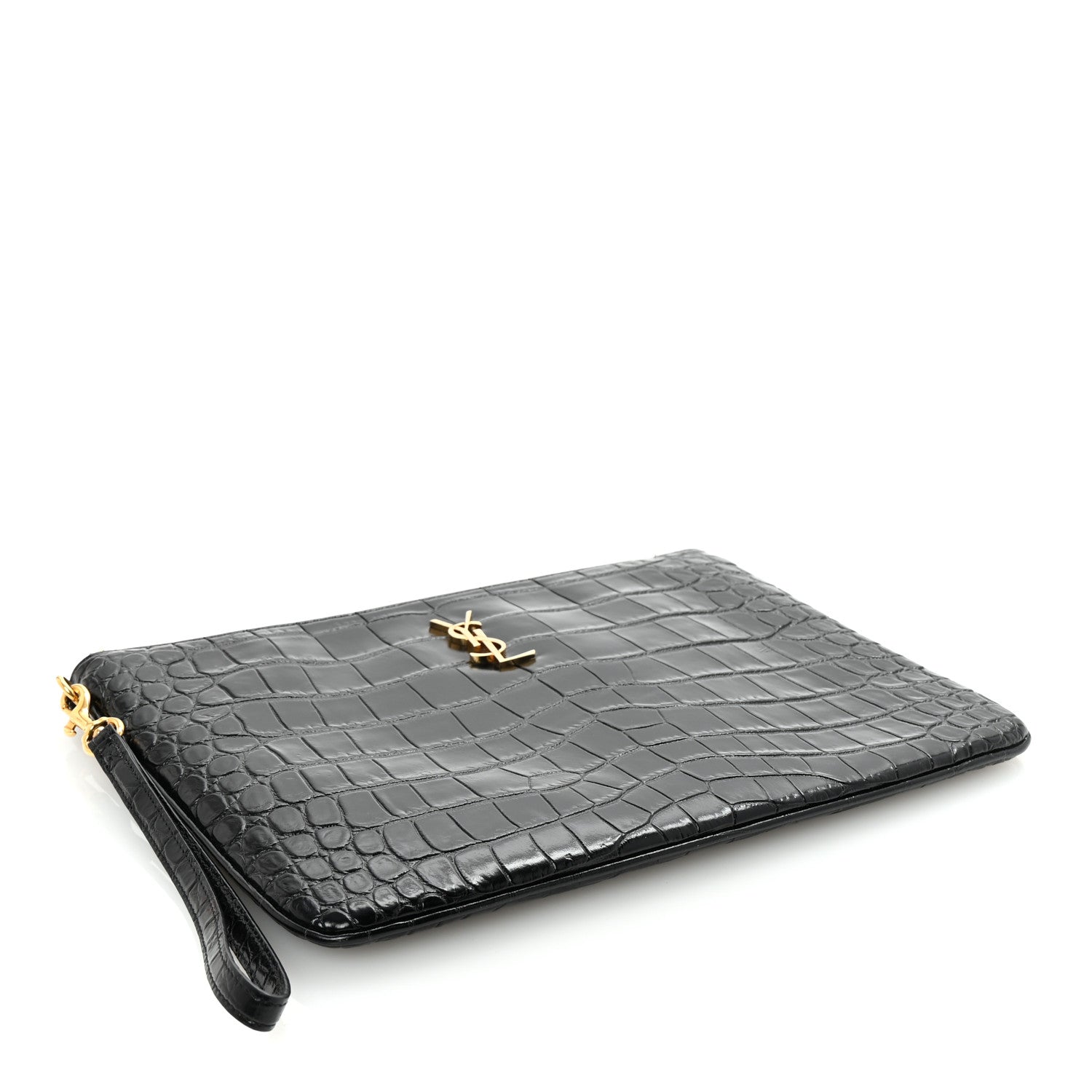 Saint Laurent Calfskin Crocodile Embossed Tablet Pouch Black 4 of 7