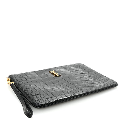 Saint Laurent Calfskin Crocodile Embossed Tablet Pouch Black 4 of 7