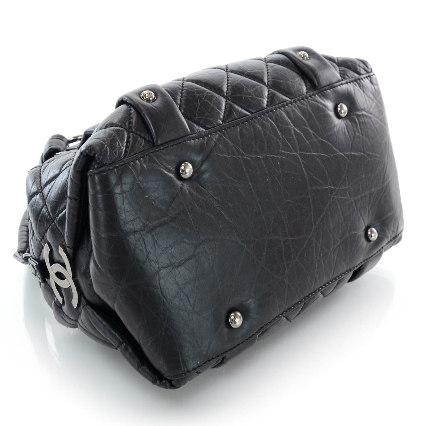 Distressed Lambskin Lady Braid Small Tote Black