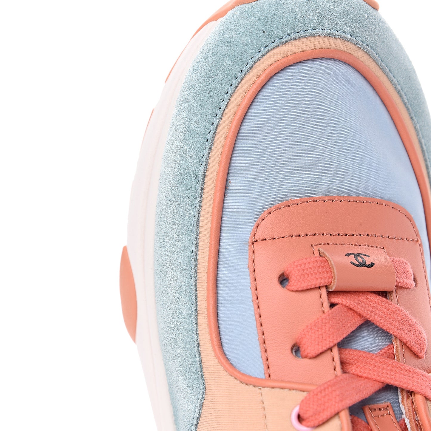 Nylon Lambskin Suede Calfskin CC Sneakers 40.5 Coral Light Blue White