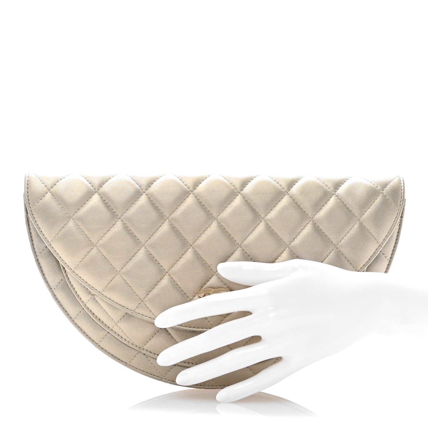 Metallic Lambskin Quilted Half Moon Clutch Gold