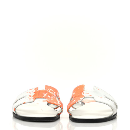 Hermes Calfskin Printed Peinture Fraiche Oran Sandals 37 White Orange 2 of 8
