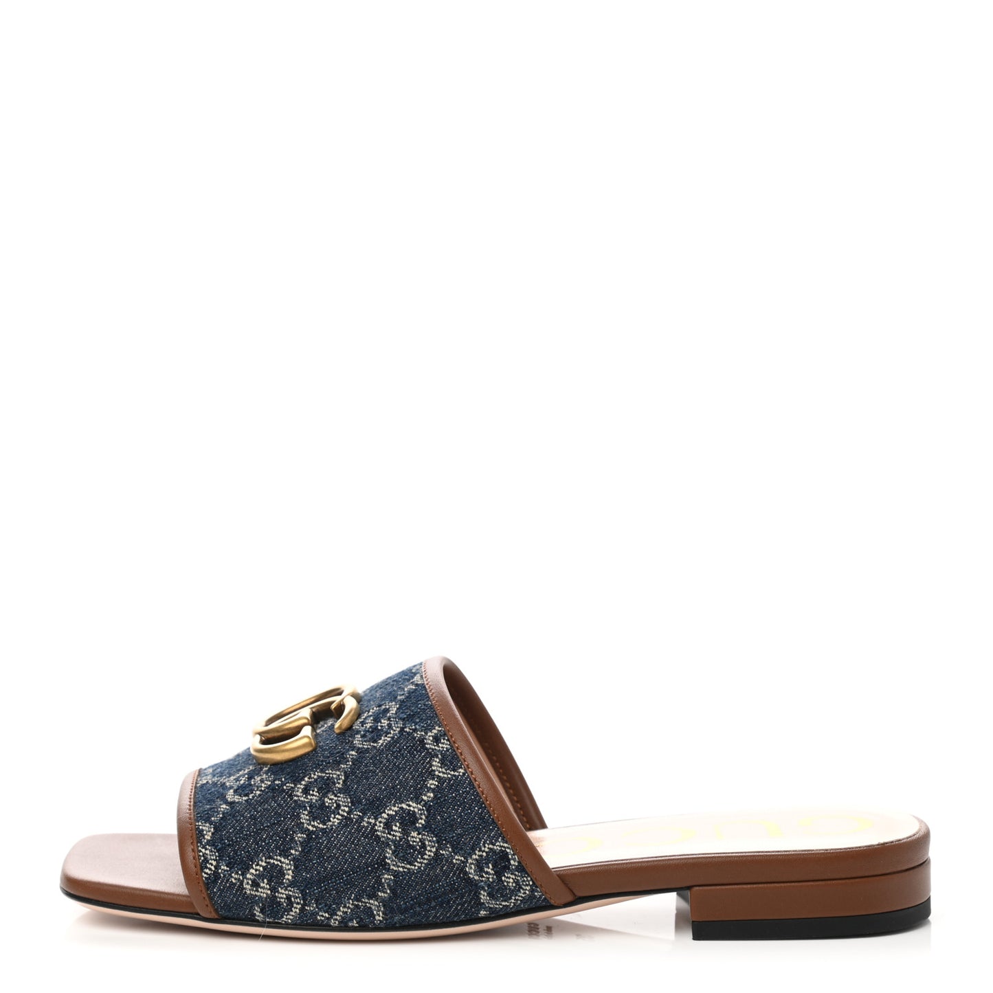 New Denim GG Monogram Miro Soft Calfskin Jolie Slide Sandals 35 Blue Tea Cuir Epilog