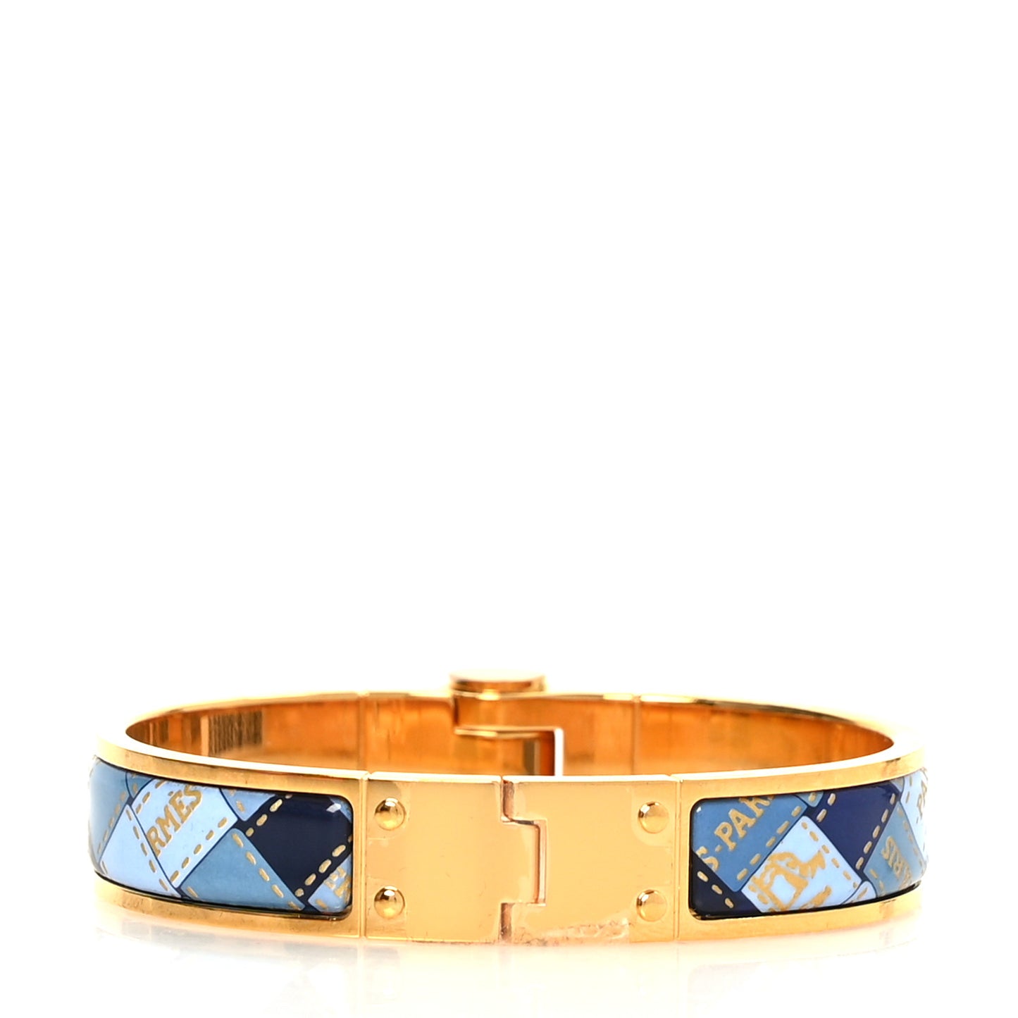 Enamel Printed Narrow Bolduc Au Carre Hinged Bracelet S Bleu Fumoir