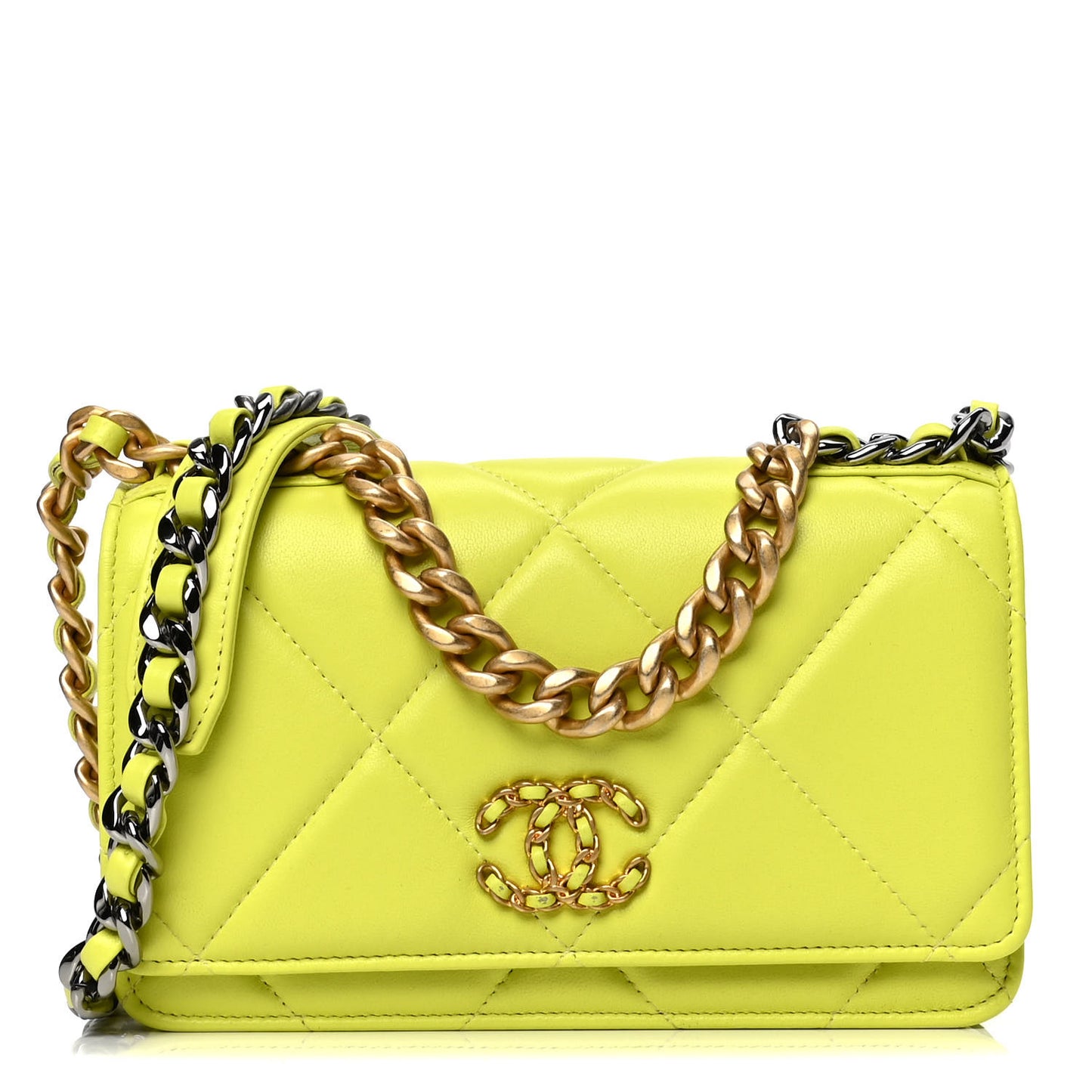 Shiny Lambskin Quilted Chanel 19 Wallet On Chain WOC Neon Yellow