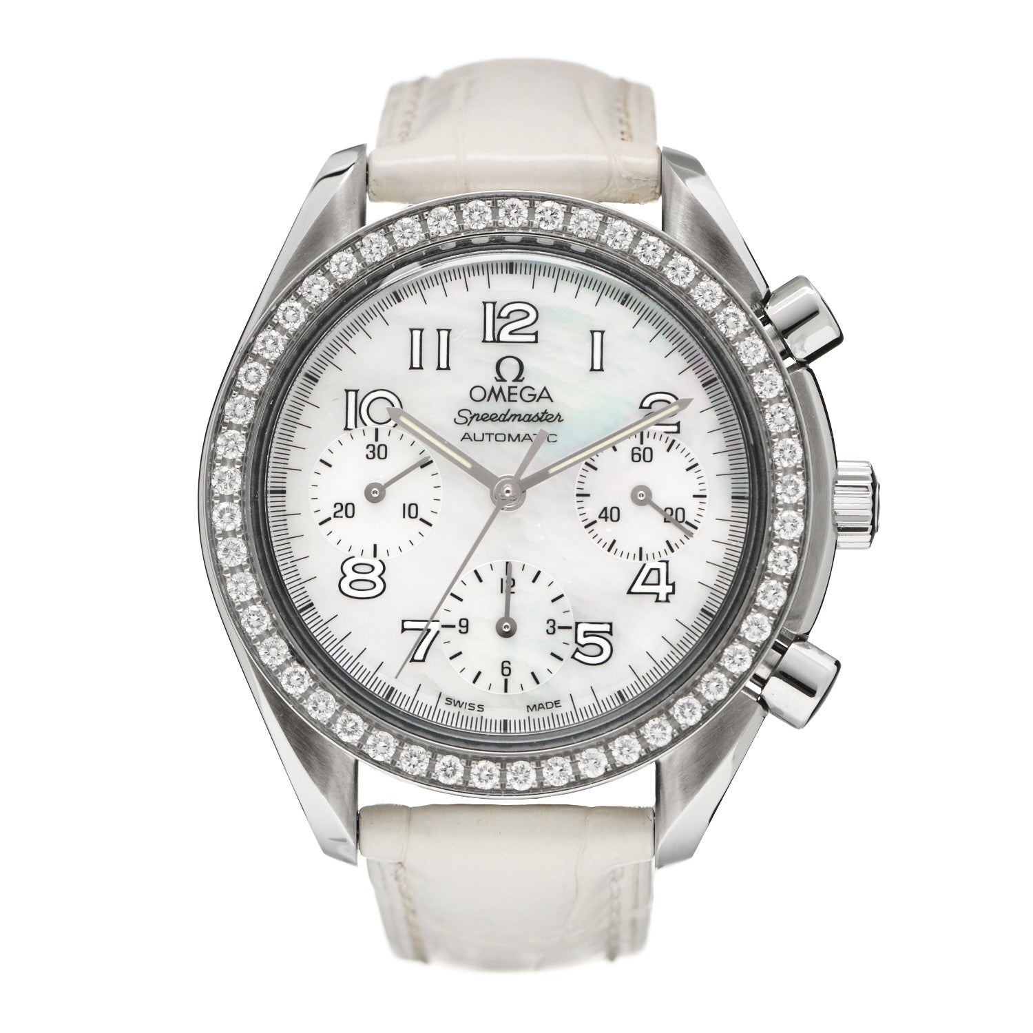 Omega Stainless Steel Alligator Diamond Bezel Mother of Pearl 38mm Speedmaster Chronograph Automatic Watch 3815.70.36 1 of 5