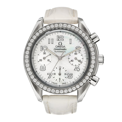 Omega Stainless Steel Alligator Diamond Bezel Mother of Pearl 38mm Speedmaster Chronograph Automatic Watch 3815.70.36 1 of 5
