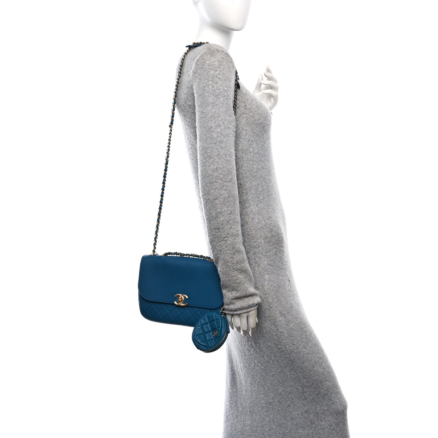 Calfskin Quilted Multi Pouching Flap And Coin Purse Blue