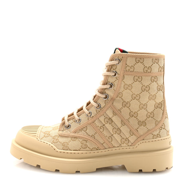 eo17 GUCCI スエード GG ブーツ ベージュ バックル付き 38.5 Gucci GG Monogram Web Mens Lug Sole Ankle Boots 7.5 New Sand
