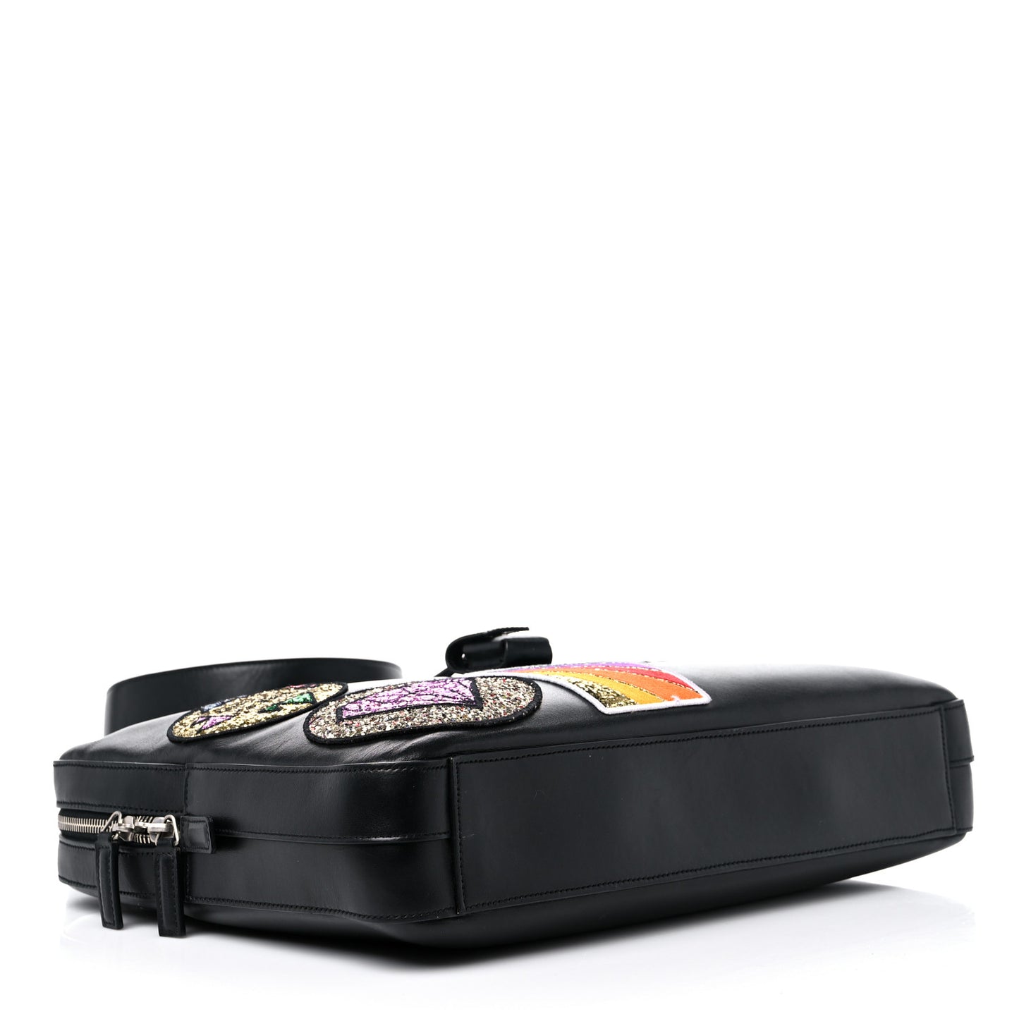 Calfskin Patch Embellished Museum Flat Briefcase Black