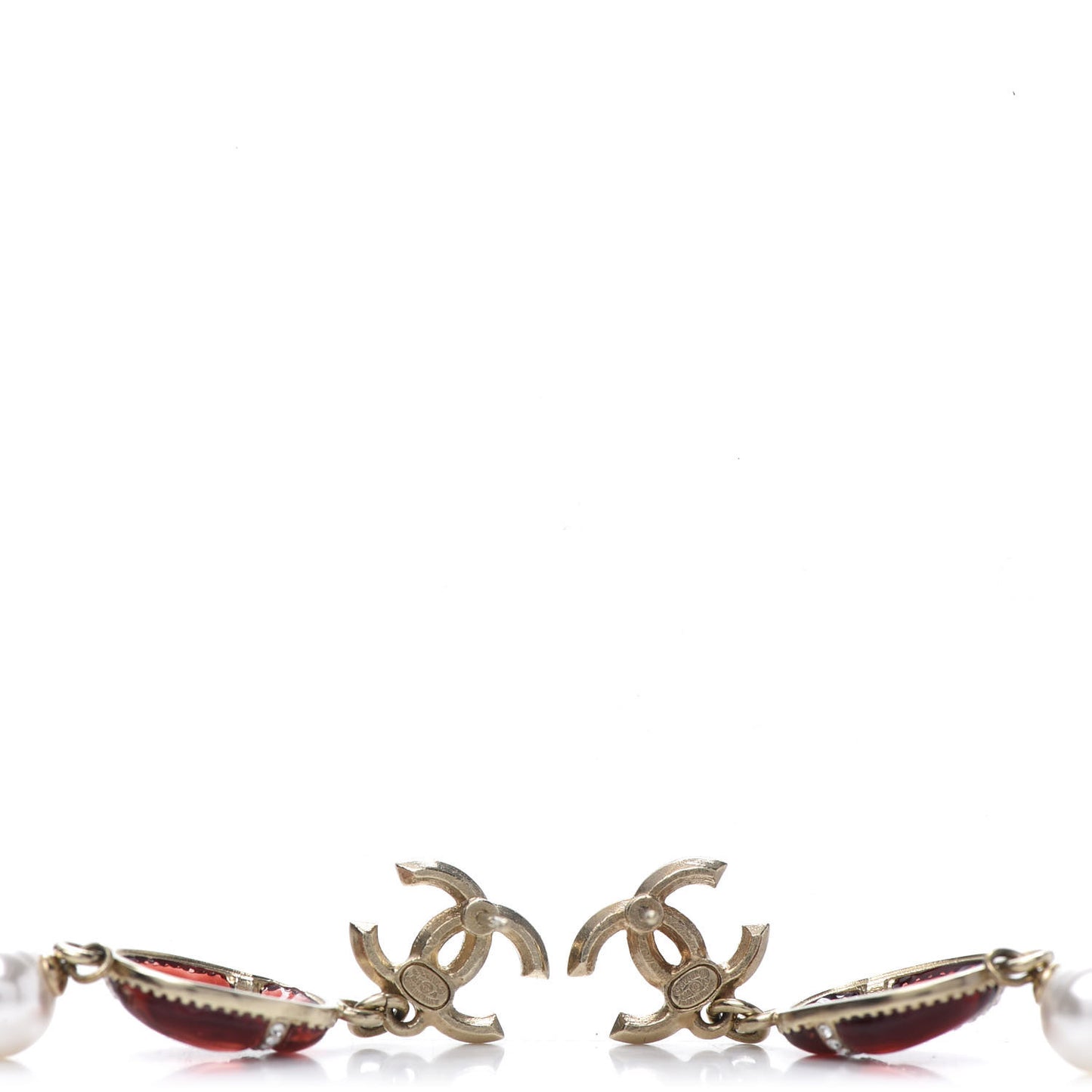 Crystal Pearl CC Drop Earrings Gold Red