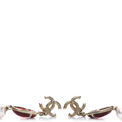 Chanel Crystal Pearl CC Drop Earrings Gold Red 3 of 5