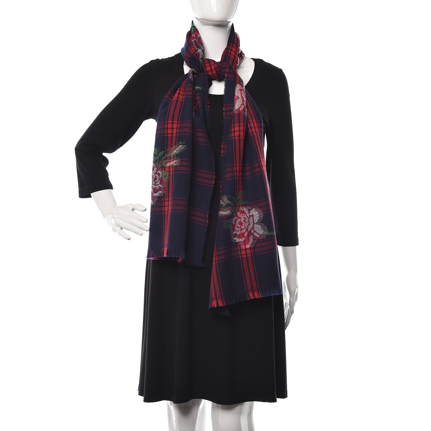 Gucci Wool Jacquard All Roses Scarf Blue Red 2 of 5