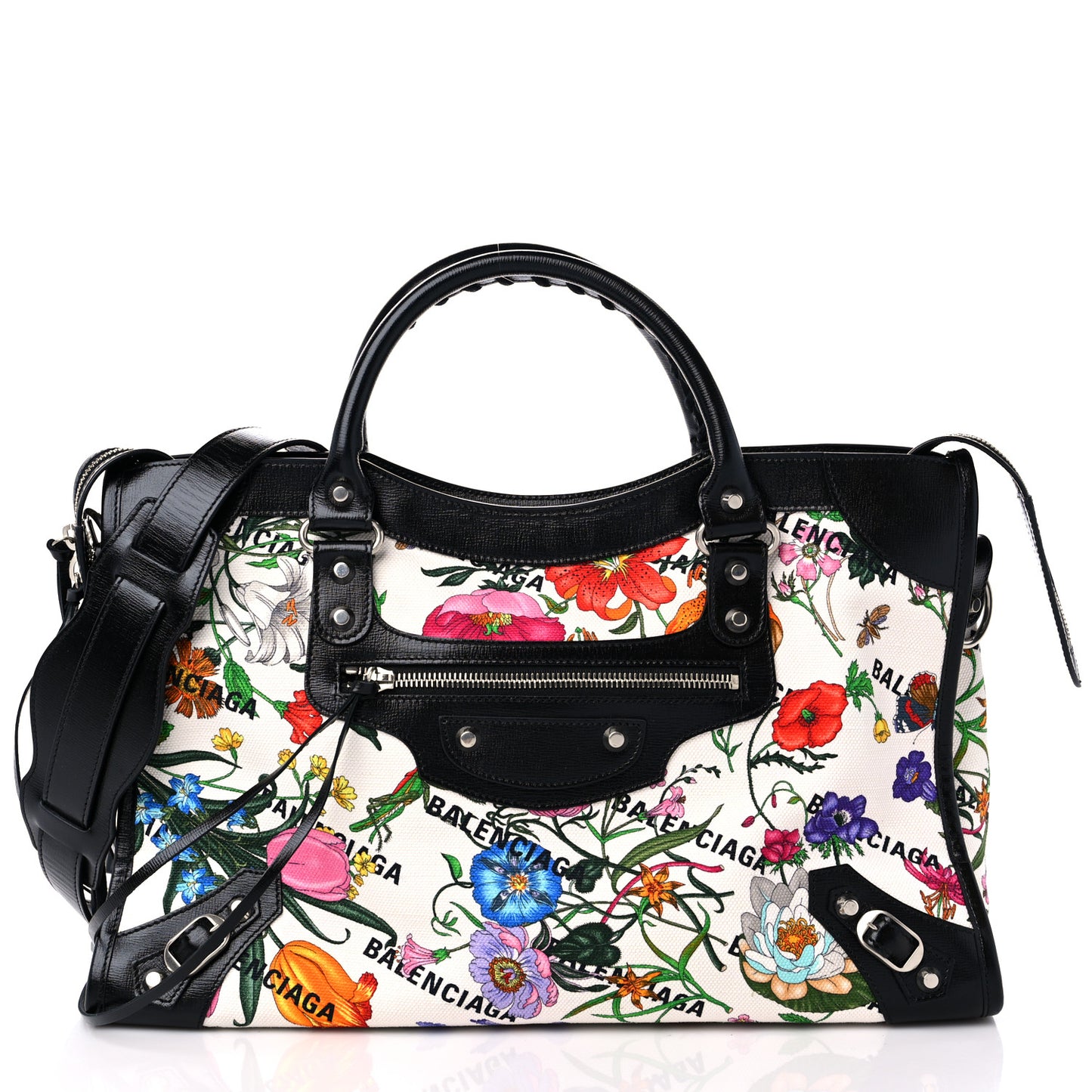 X GUCCI Canvas Azalea Calfskin Flora Logo Print Neo Classic Silver Hardware Medium City White Multicolor Black