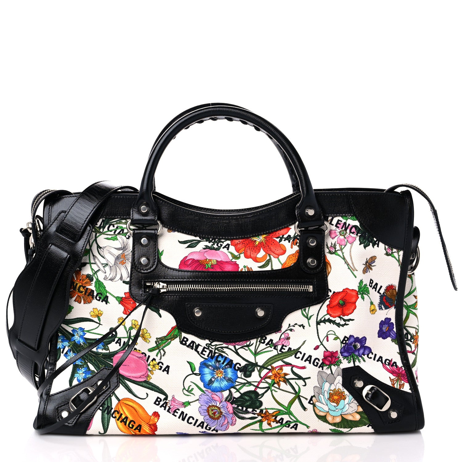 Balenciaga X GUCCI Canvas Azalea Calfskin Flora Logo Print Neo Classic Silver Hardware Medium City White Multicolor Black 3 of 11