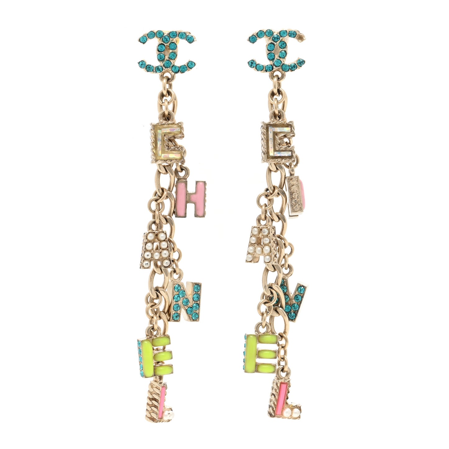 Metal Crystal Pearl Enamel Logo Chain Drop Earrings Gold Multicolor