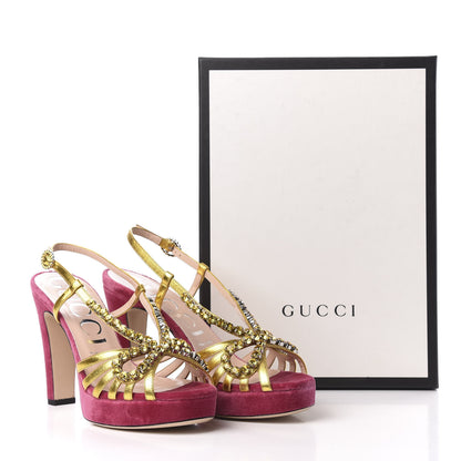 Gucci Velvet Nappa Crystal Zephyra Slingback Platform High Heel Sandals 39 Pink Gold 9 of 9