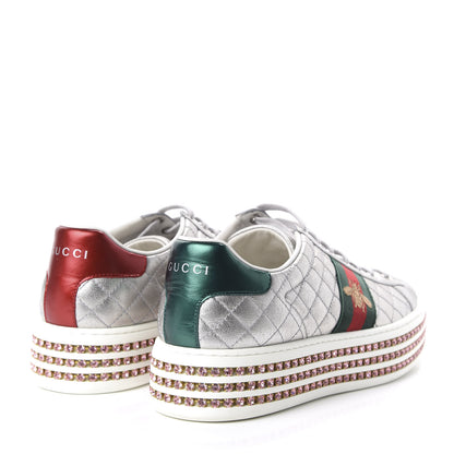 Gucci Laminated Nappa Crystal Web Bee Embroidered Trapuntata Womens Ace Platform Sneakers 38.5 Argento 4 of 7