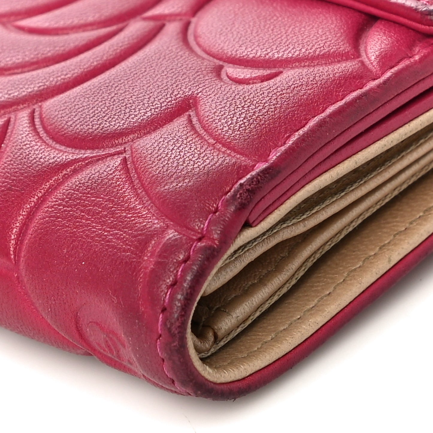 Lambskin Camellia Embossed French Wallet Dark Red