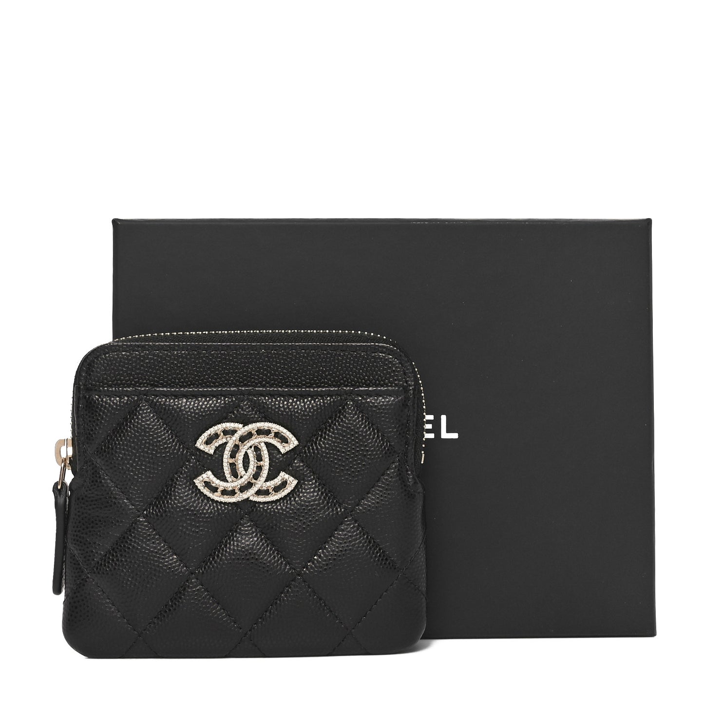 Caviar Quilted Crystal Zip Card Holder Wallet Black