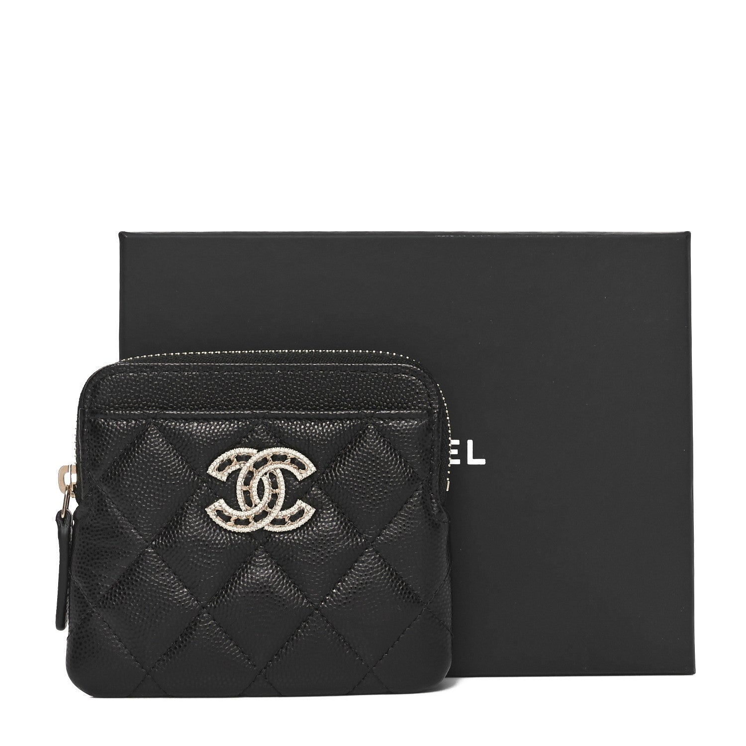 Chanel Caviar Quilted Crystal Zip Card Holder Wallet Black 9 of 9