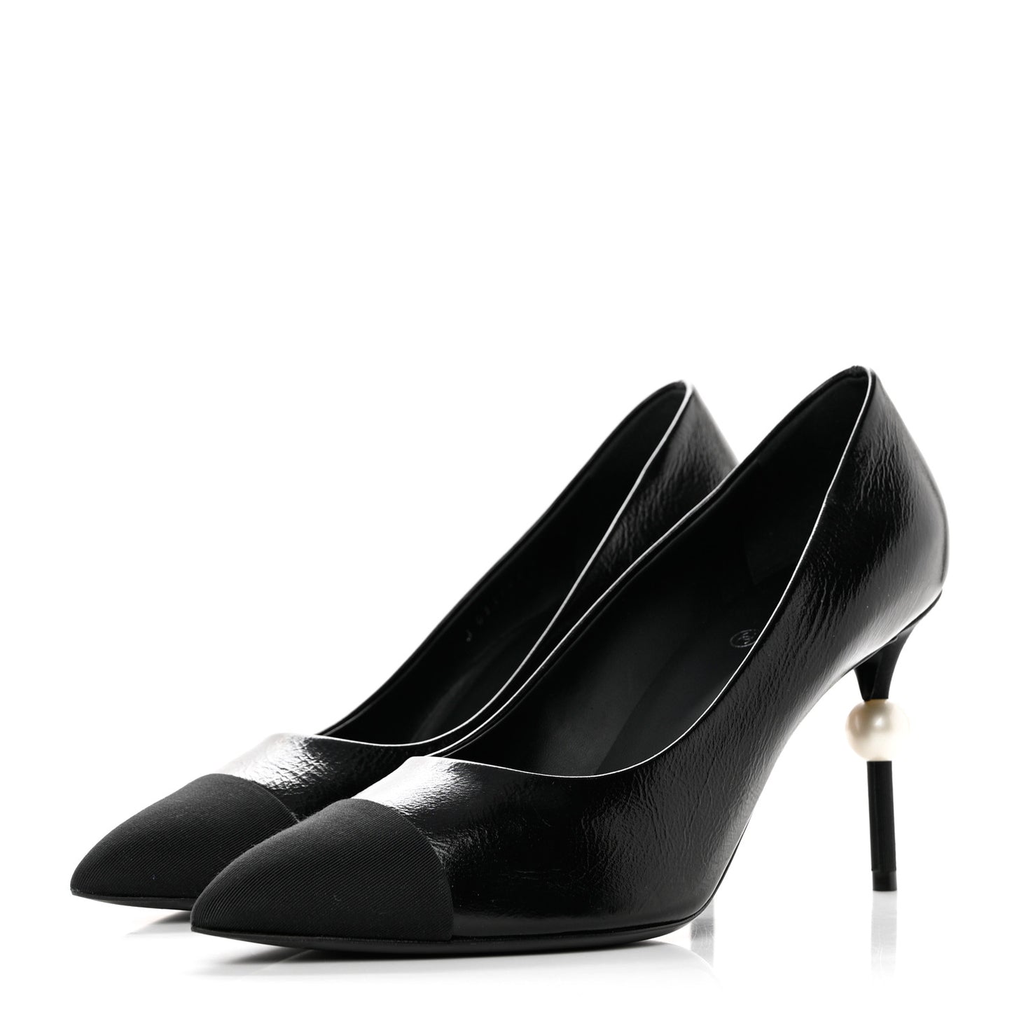 Shiny Calfskin Grosgrain Cap Toe CC Pearl Pumps 41 Black