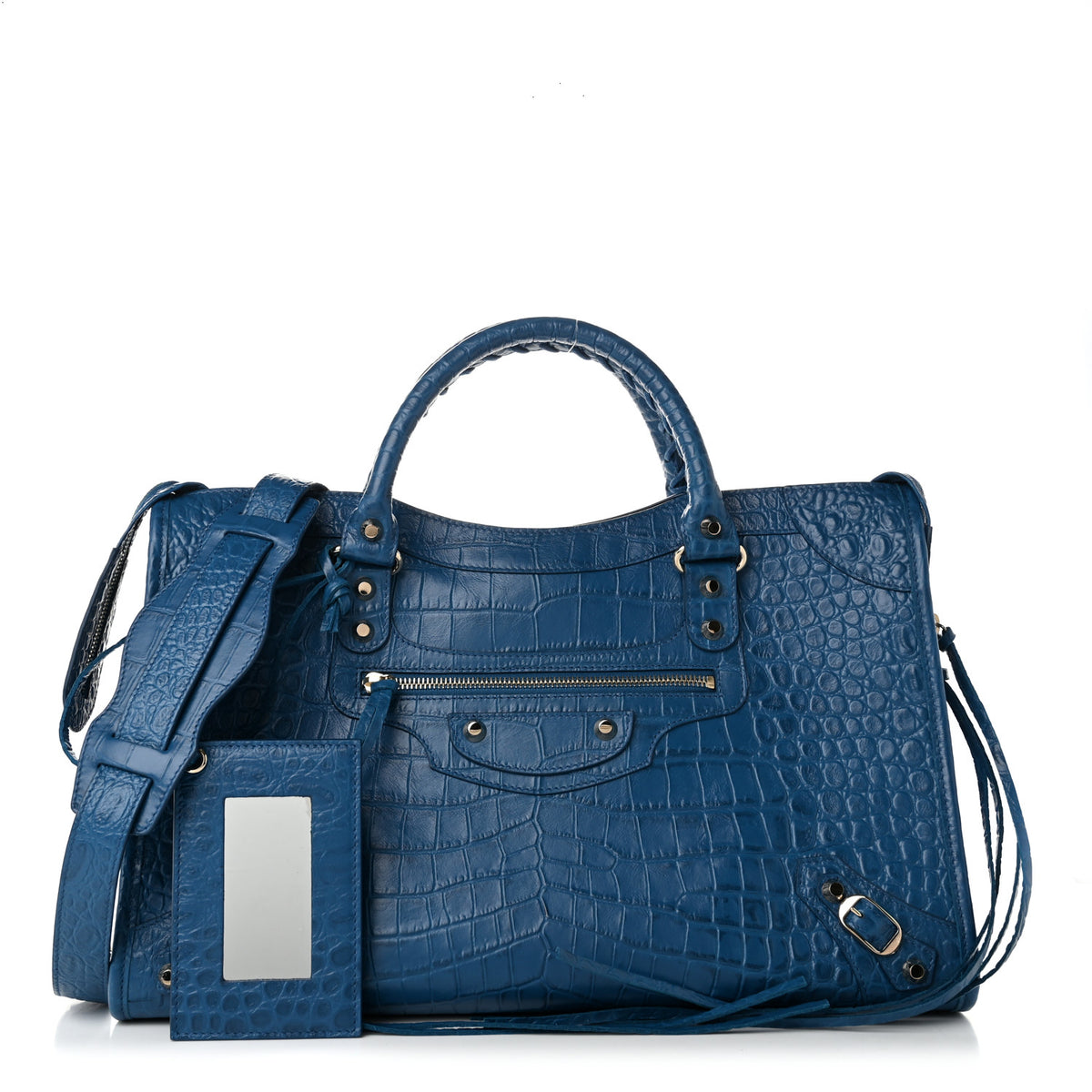 Balenciaga Calfskin Crocodile Embossed Classic Silver Hardware City Bleu Marine 3 of 12