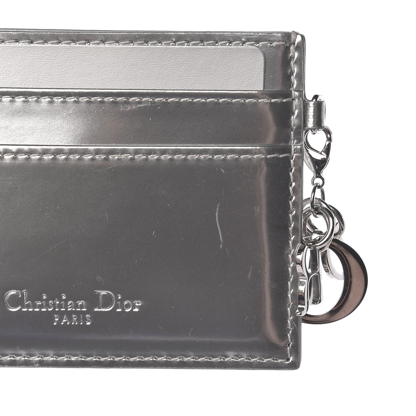 Metallic Patent Micro-Cannage Lady Dior Card Holder Silver