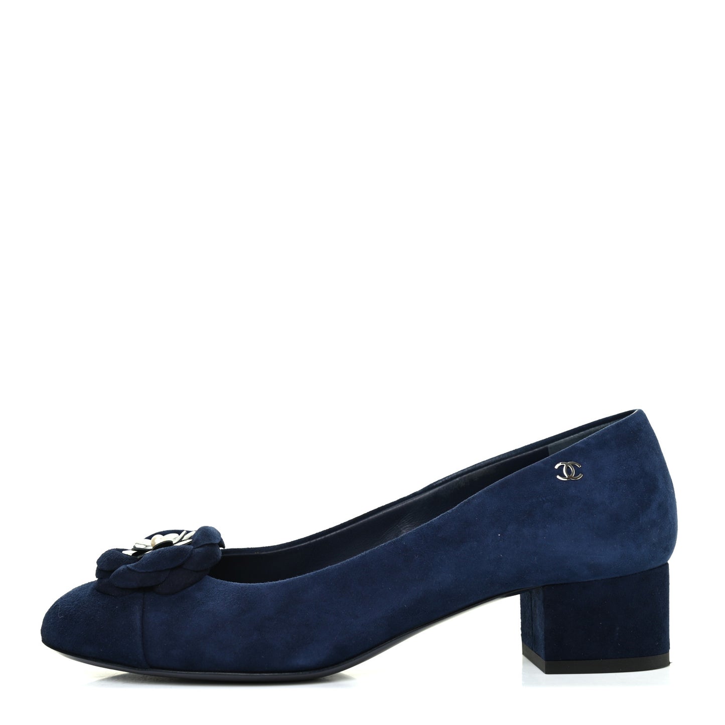 Kid Suede Pearl Camellia Cap Toe Pumps 38 Navy