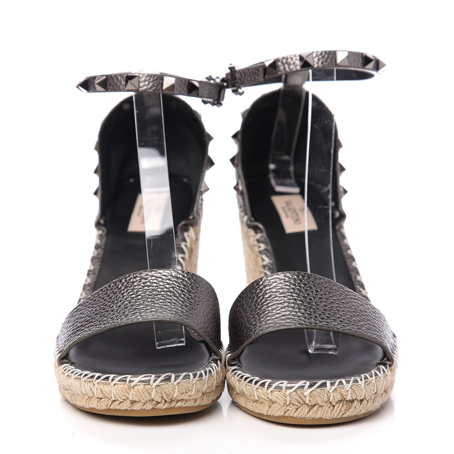 Valentino Garavani Metallic Grained Calfskin Rockstud Ankle Strap Espadrille 15/105mm Wedge Sandals 41 Rutenio Natural 2 of 8