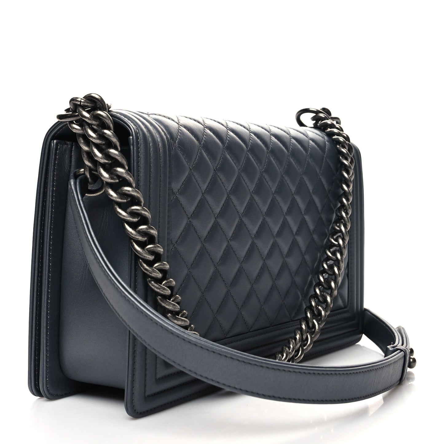 Metallic Calfskin Quilted New Medium Boy Flap Dark Silver