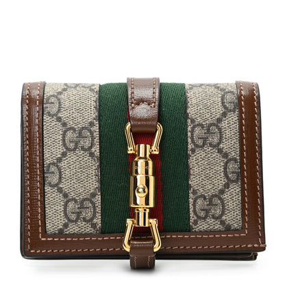 Gucci GG Supreme Monogram Textured Calfskin Web Jackie 1961 Card Case Beige Ebony Brown Sugar 1 of 8