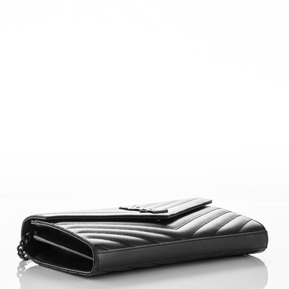 Saint Laurent Grain De Poudre Matelasse Chevron Monogram Chain Wallet Black 4 of 6