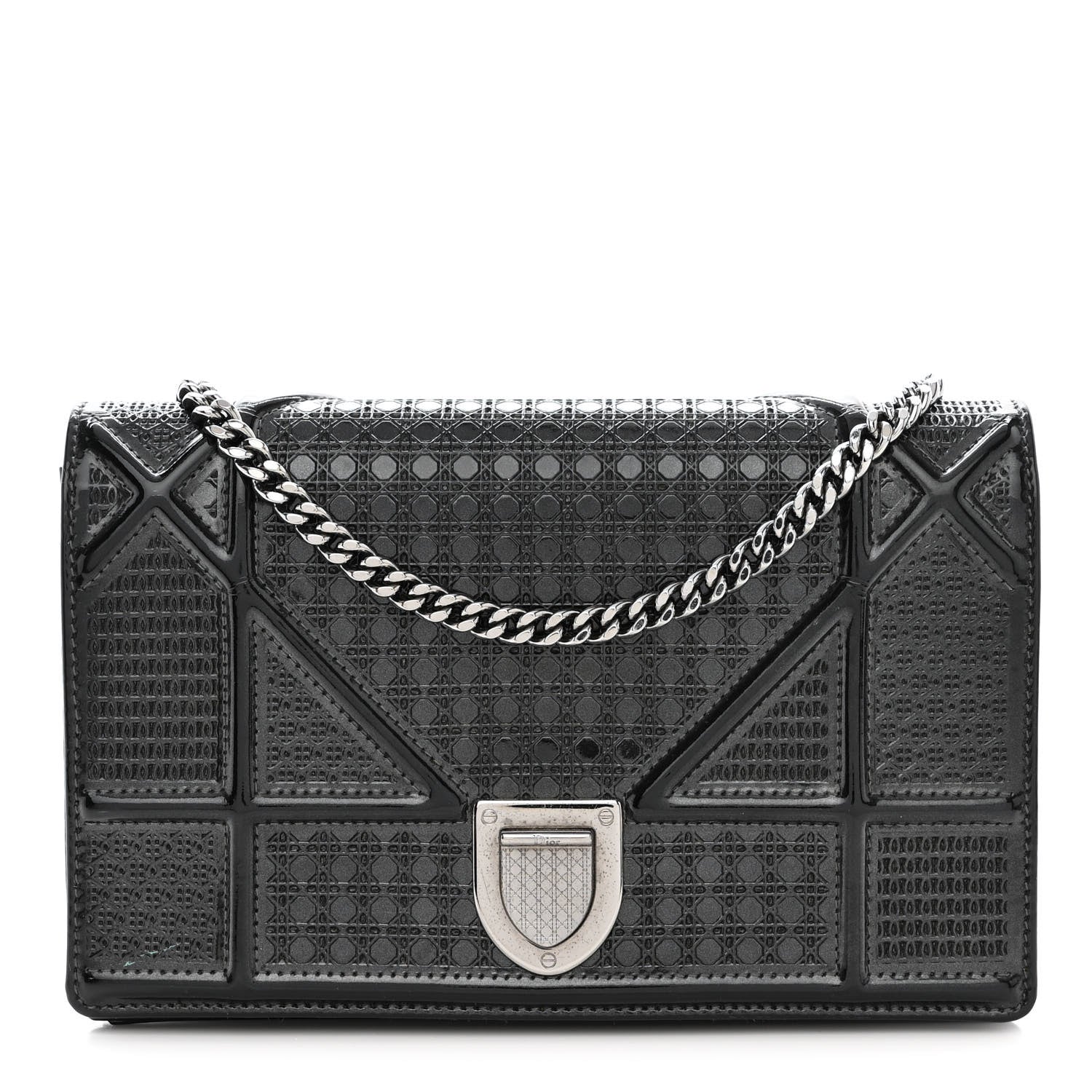 Christian Dior Metallic Patent Micro-Cannage Diorama Wallet on Chain Pouch Onyx Black 1 of 13