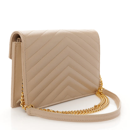 Saint Laurent Grain De Poudre Matelasse Chevron Monogram Envelope Chain Wallet Dark Beige 2 of 11