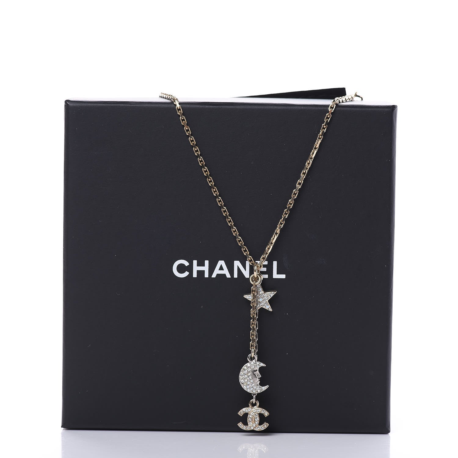 Chanel Crystal Pearl CC Moon Star Drop Necklace Gold 5 of 5