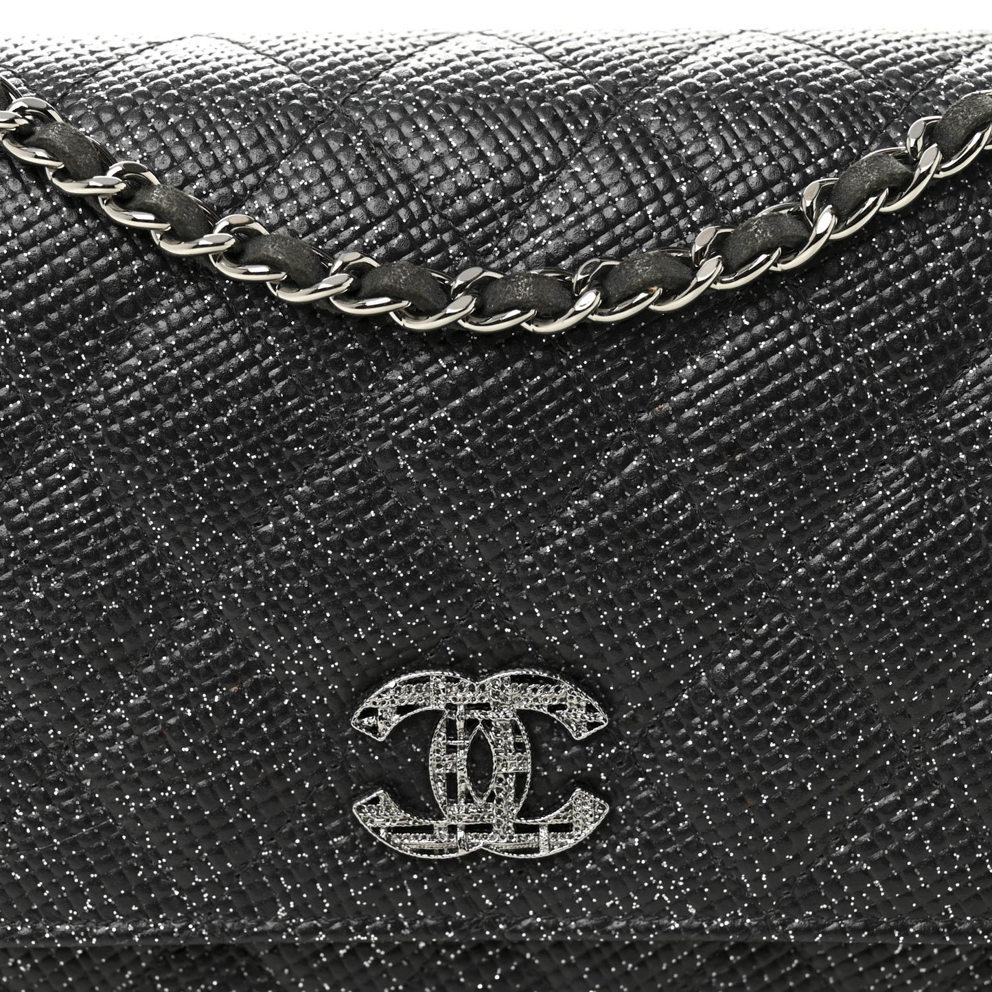 Glitter Calfskin Quilted Wallet on Chain WOC Black