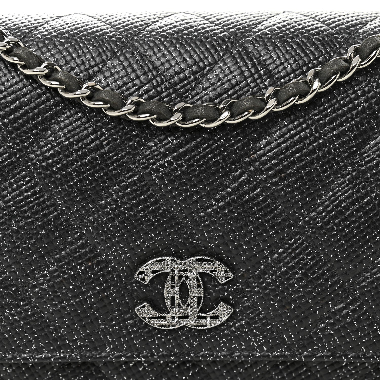 Chanel Glitter Calfskin Quilted Wallet on Chain WOC Black 9 of 12