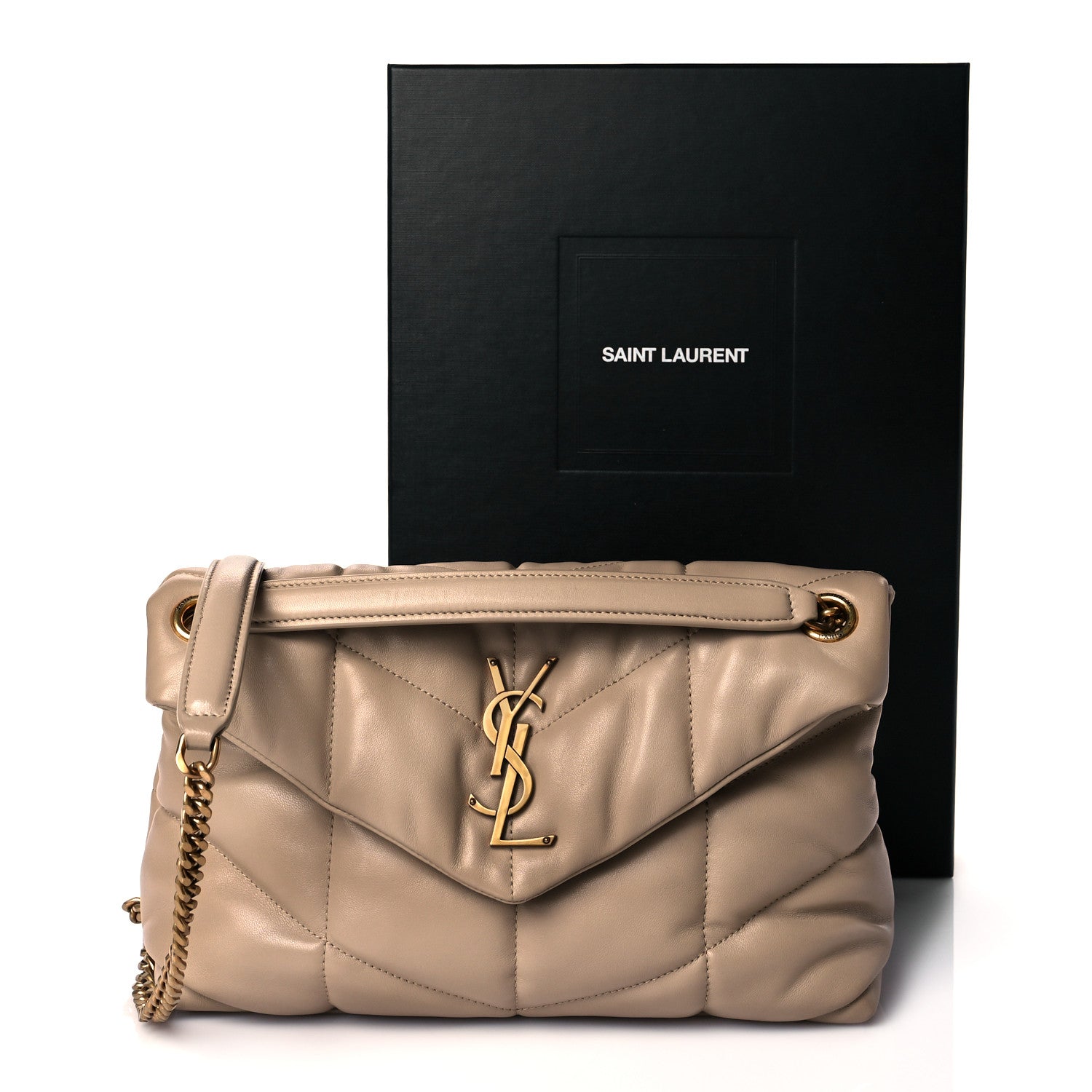 Saint Laurent Lambskin Quilted Small Loulou Puffer Monogram Chain Satchel Dark Beige 10 of 10