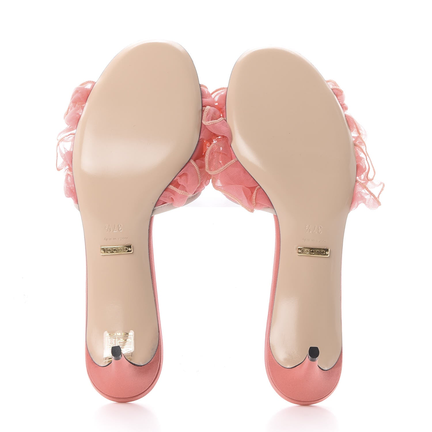 Gucci Tulle Ruffle Low Heel Slide Sandals 37.5 Peach White 5 of 10