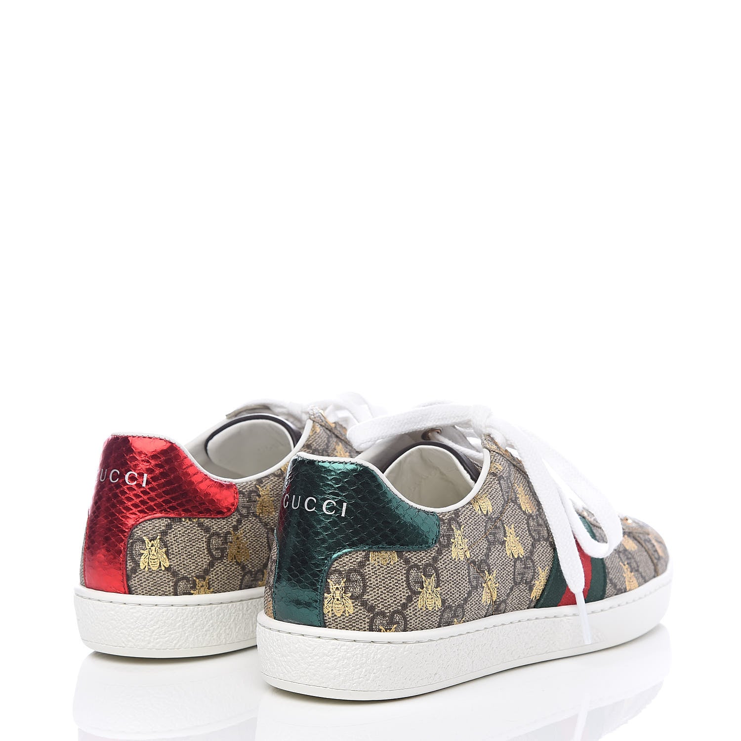 Gucci GG Supreme Monogram Bees Ayers Web Womens Ace Sneakers 37.5 Beige Oro Green Red 4 of 10