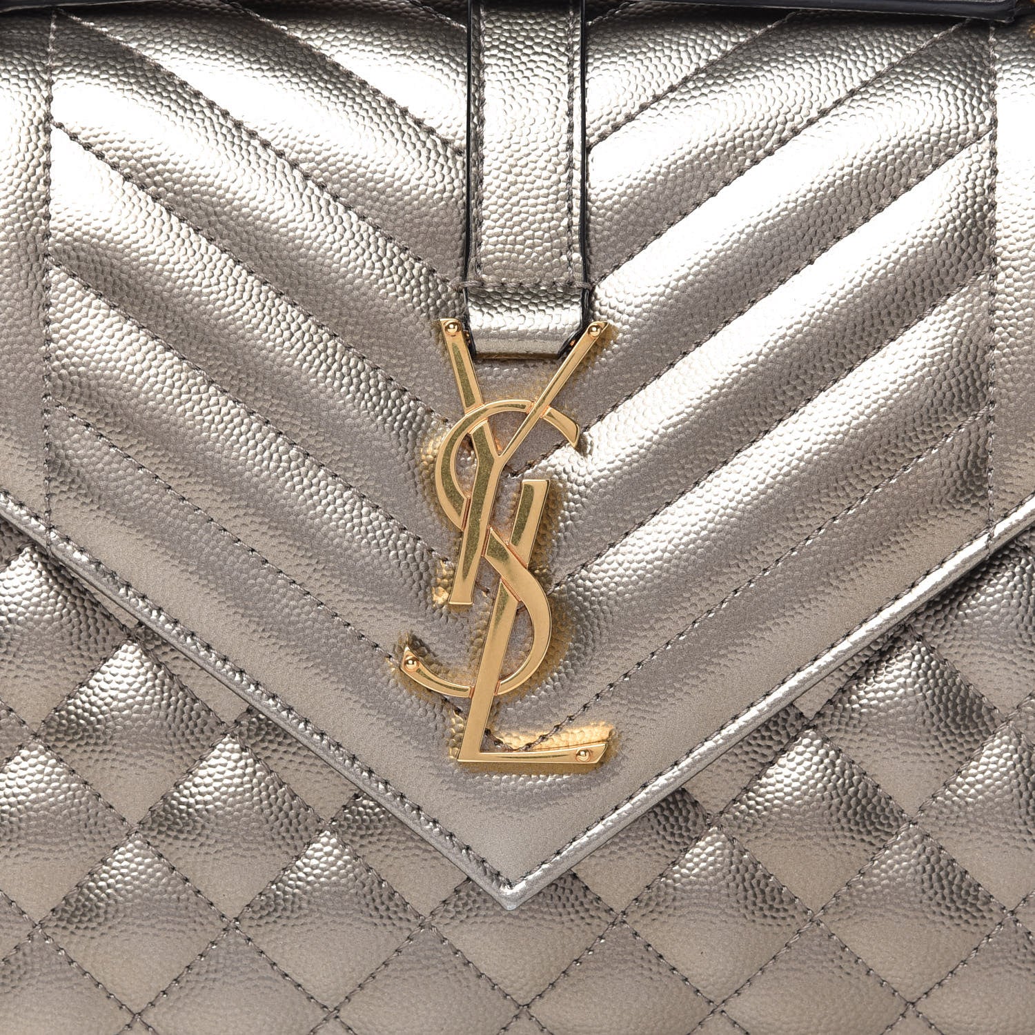 Saint Laurent Metallic Grain De Poudre Textured Mixed Matelasse Triquilt Medium Monogram Satchel Piombo 10 of 10