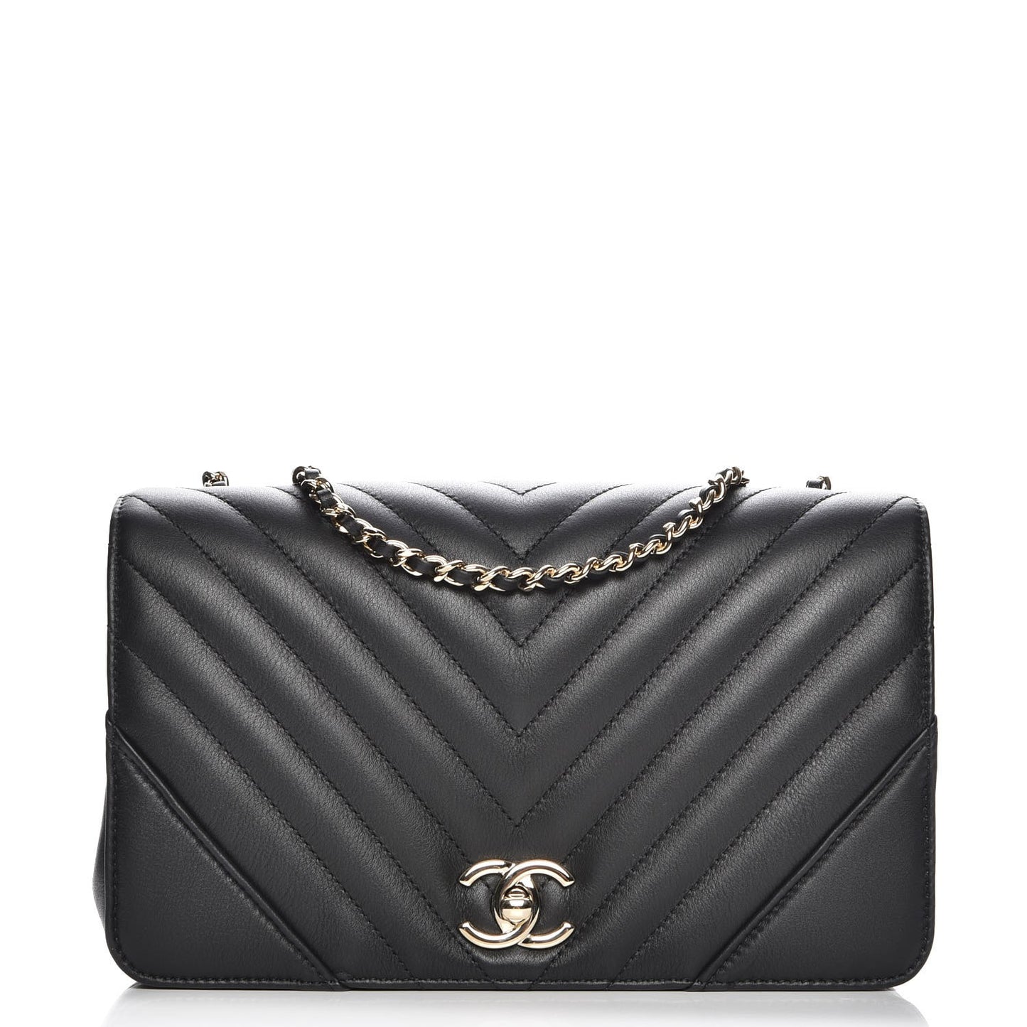Calfskin Chevron Quilted Small Statement Flap Black