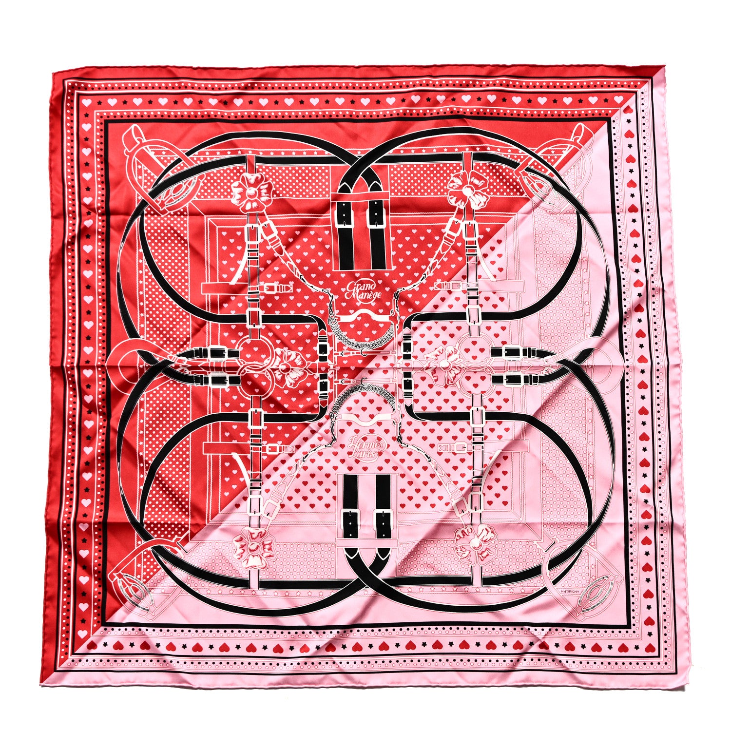 Hermes Silk Grand Manege Cut Bandana Love Scarf 70 Rouge Rose Black 1 of 6