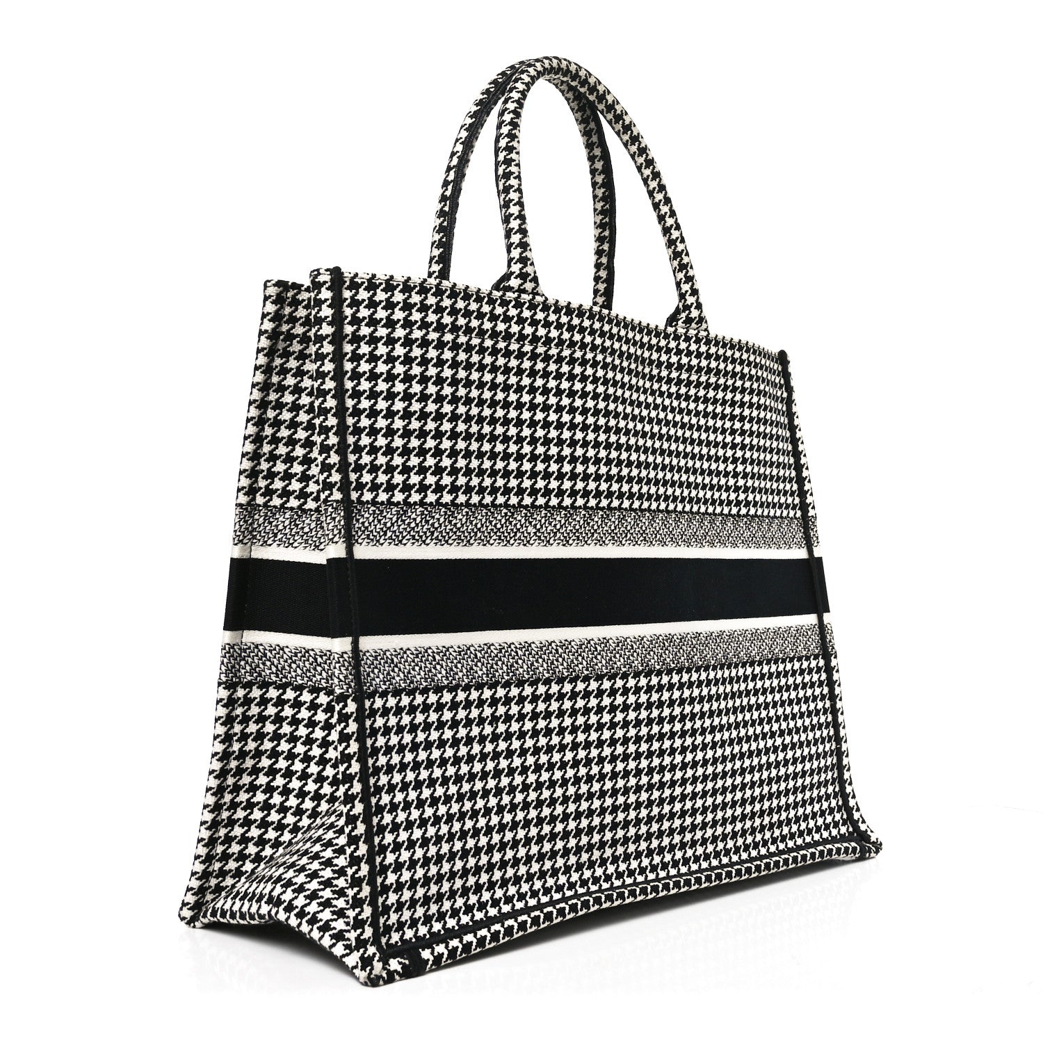 Christian Dior Canvas Houndstooth Embroidered Book Tote Black White 3 of 10